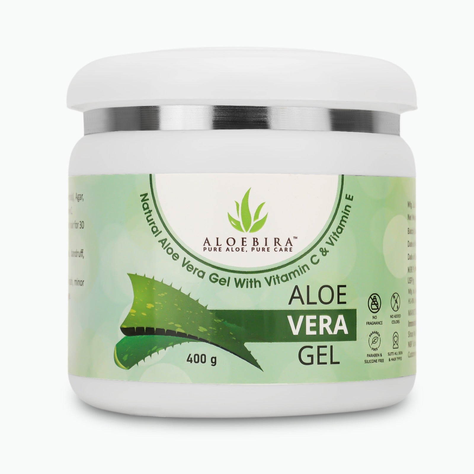 AloeBira Natural Aloe Vera Gel | with Vitamin C & E | Hydrates, Moisturizes & Soothes Irritated Skin | Pure & Natural Aloe Vera Gel for Face, Acne, Scars, Dark Circles & Sunburn (400 g)