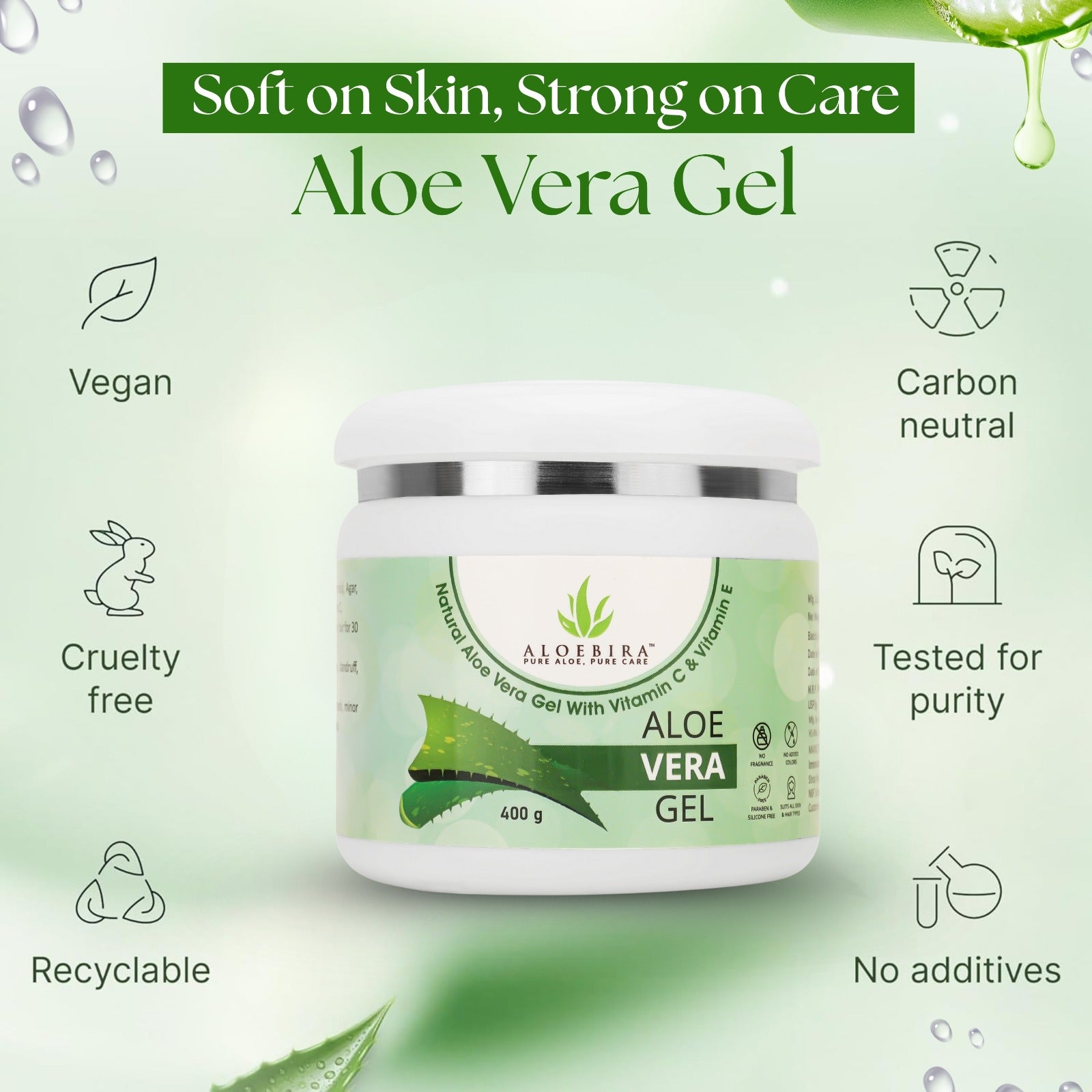 AloeBira Natural Aloe Vera Gel | with Vitamin C & E | Hydrates, Moisturizes & Soothes Irritated Skin | Pure & Natural Aloe Vera Gel for Face, Acne, Scars, Dark Circles & Sunburn (400 g)