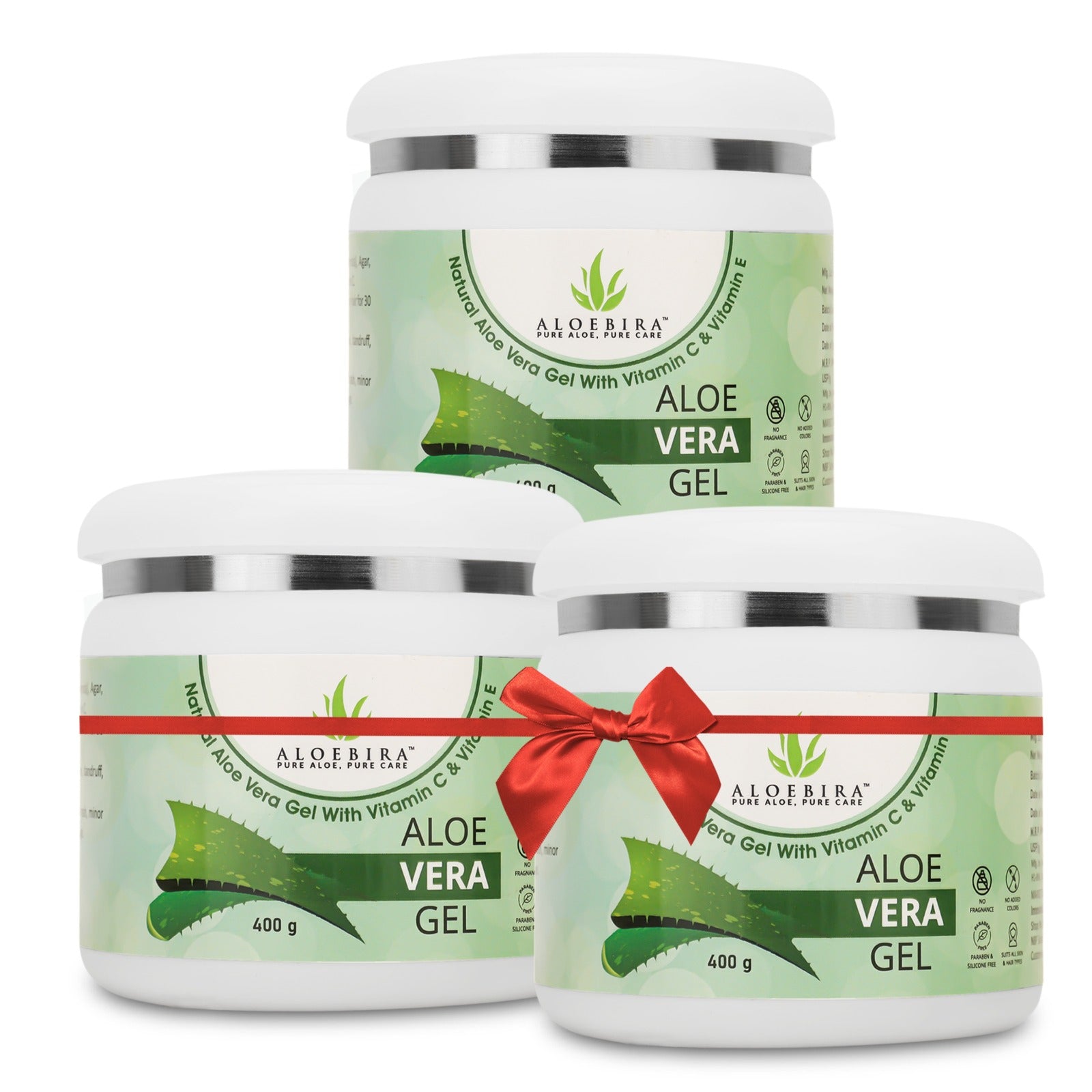 AloeBira Natural Aloe Vera Gel (400g) with Vitamin C & E | Hydrates, Moisturizes & Soothes Irritated Skin | Pure & Natural Aloe Vera Gel for Face, Acne, Scars, Dark Circles & Sunburn (Pack of 3)